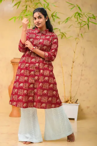 Maroon Elephant Design A-Shaped Kurti