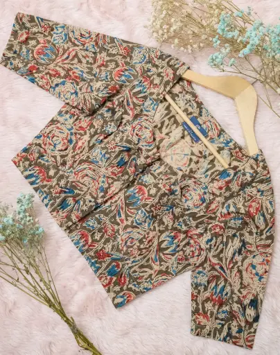 Olive Cream Maroon Indigo Floral Kalamkari Blouse 