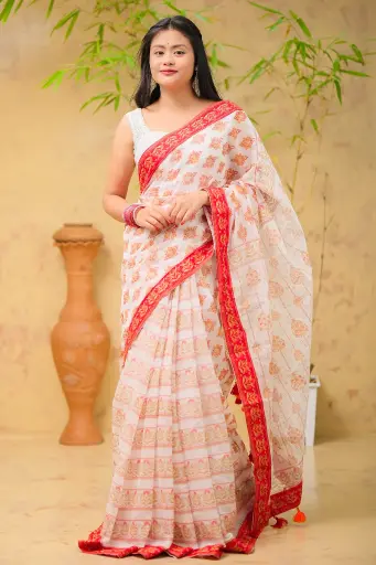 [0102] White Body Red Golden Afsan Flower Screen Print Half Silk Sharee