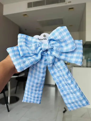 [9904] Sky Blue Check Cute Bow Hair Bands