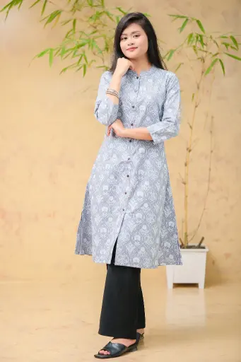 Ash White Floral A-Shaped Kurti