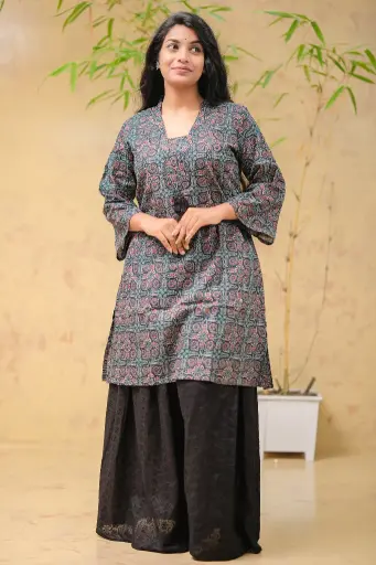 Deep Teal Black Maroon Floral Jaypuri Cotton Kurti