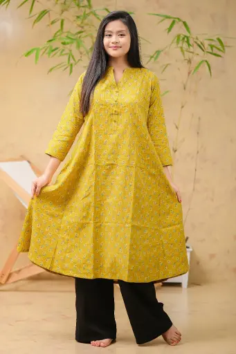 Mustard Yellow Green White Small Floral A-Shaped Kurti