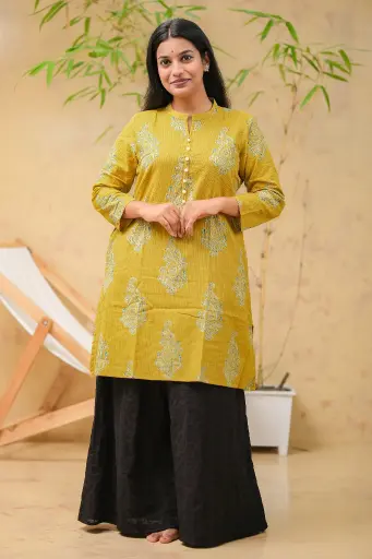 Mustard Yellow Green White Floral Regular Kurti