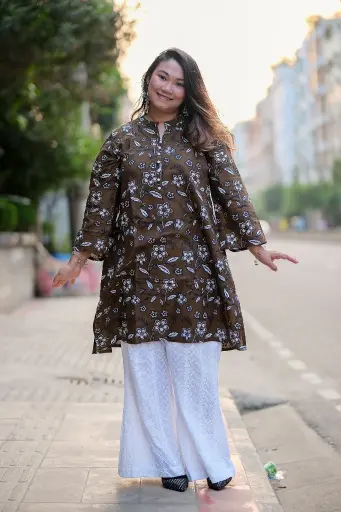 Deep Khaki Black White Floral Short Kurti
