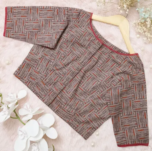 Ash Dark Brown Red Print Round Neck Screen Print Cotton Blouse