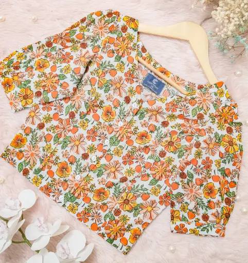 Multicolor Floral Design V-Neck Screen Print Cotton Blouse