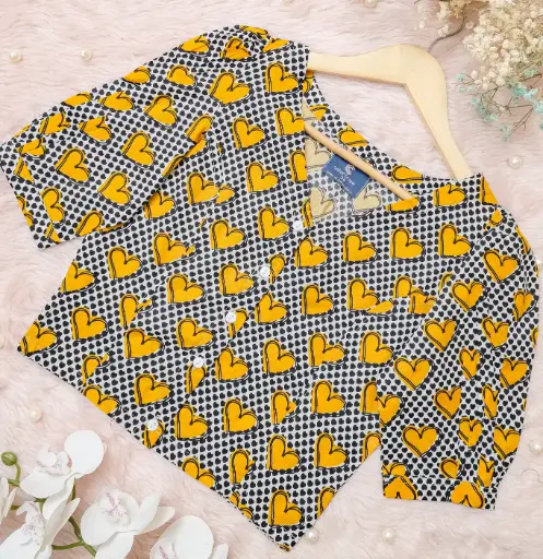 White Black Yello Love Motif V-Neck Screen Print Cotton Blouse