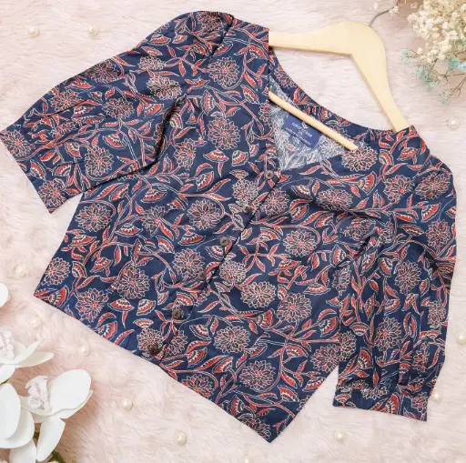 Navy Blue Maroon Floral V-Neck Screen Print Cotton Blouse