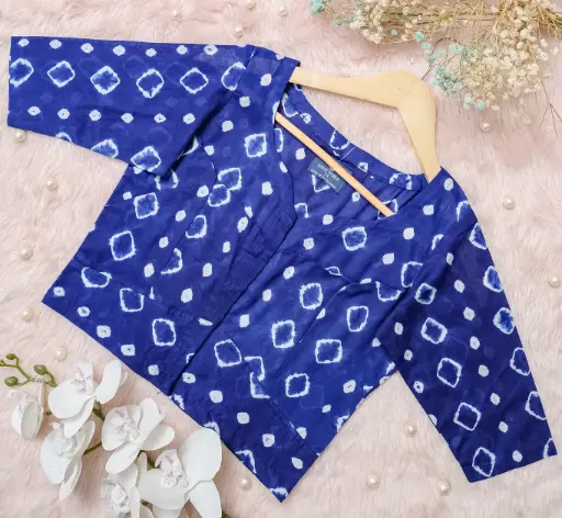 Royal Blue White Panpata Neck Natural Dye Blouse