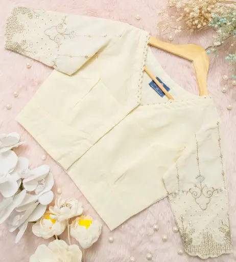 Off White Chikankari Blouse Cut-work Sleeve 