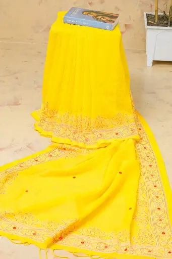 [0134] Yellow Body Orange Hand Work Mirror Kotta Cotton Sharee